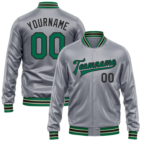 Custom Gray Kelly Green-Black Bomber Full-Snap Varsity Faux Leather Letterman Jacket