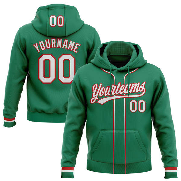 Custom Stitched Kelly Green White-Red Baseball Pullover Sweatshirt Hoodie