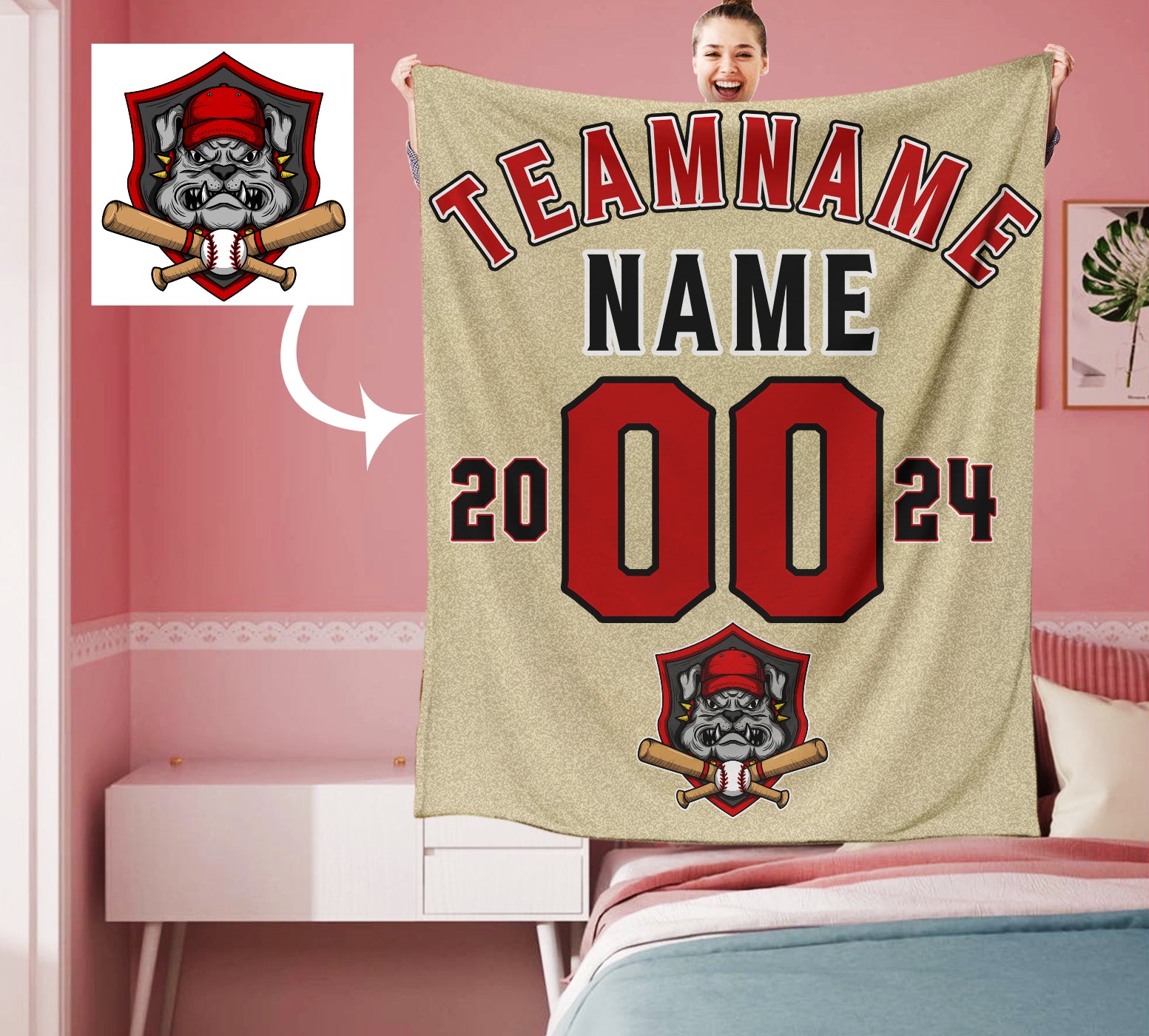 Personalized Khaki Red Black Baseball Team Logo Sports Blanket