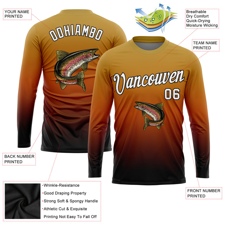 Custom Old Gold White Orange-Black Fishing Rainbow Trout Fish Gradient Long Sleeve Performance T-Shirt