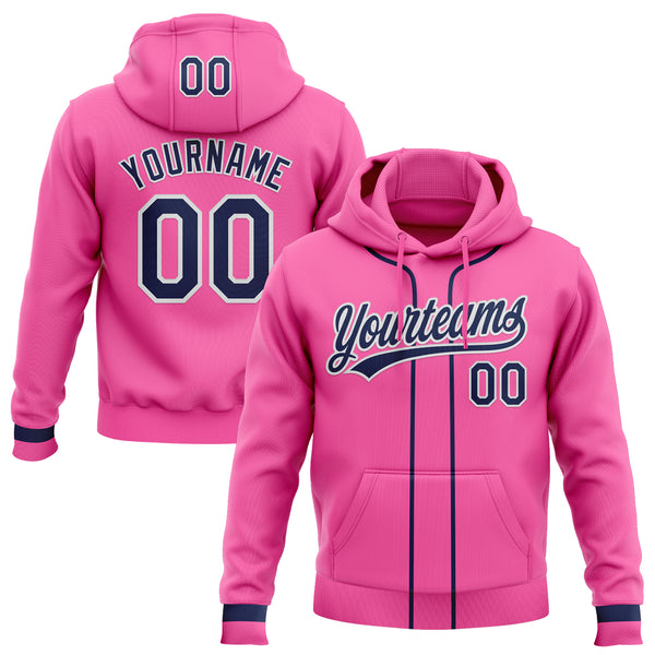 Custom Stitched Pink Navy-White Baseball Pullover Sweatshirt Hoodie