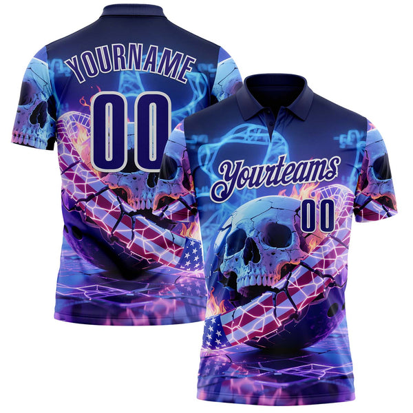 Custom Navy Dark Purple-White 3D American Flag Flame Lightning Skull Bowling Performance Polo Shirt