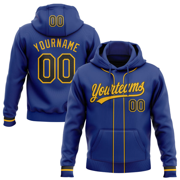 Custom Stitched Royal Black-Gold Baseball Pullover Sweatshirt Hoodie