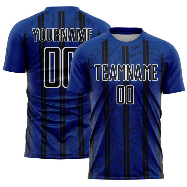 Custom Royal Black-White Stripe Line Sublimation Soccer Uniform Jersey
