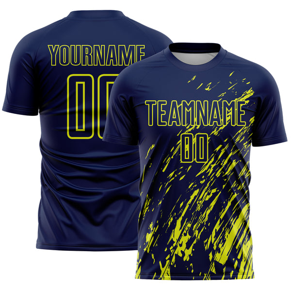 Custom Navy Neon Yellow Splash Sublimation Soccer Uniform Jersey