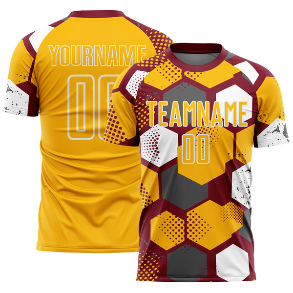 Custom Crimson Gold-White Geometric Shape Sublimation Soccer Uniform Jersey