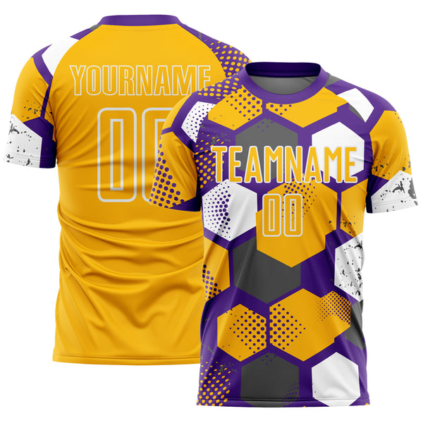 Custom Purple Gold-White Geometric Shape Sublimation Soccer Uniform Jersey
