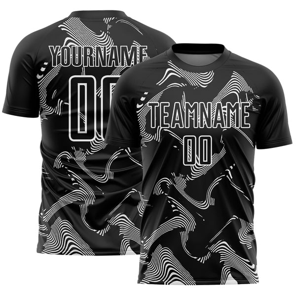 Custom Black White Curve Lines Sports Sublimation Soccer Uniform Jersey