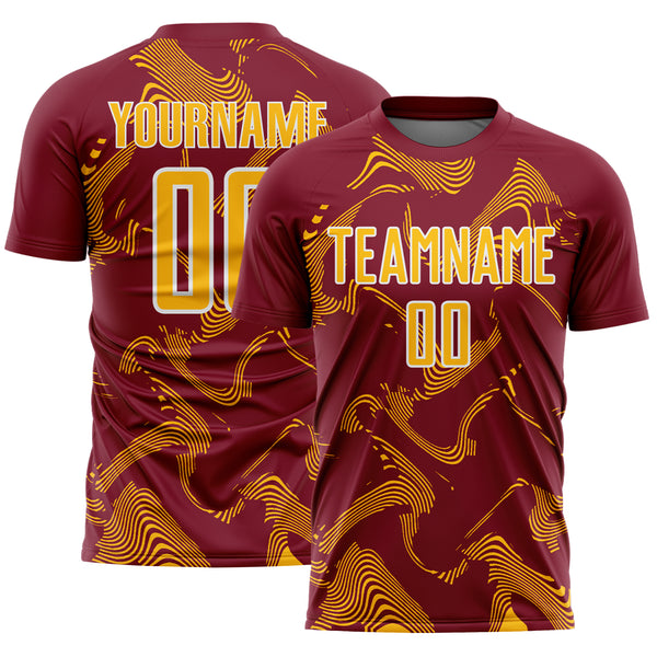 Custom Crimson Gold-White Curve Lines Sports Sublimation Soccer Uniform Jersey