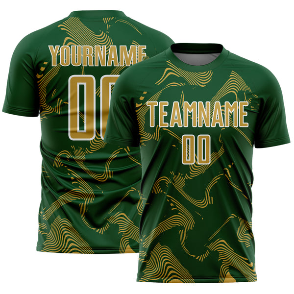 Custom Green Old Gold-White Curve Lines Sports Sublimation Soccer Uniform Jersey