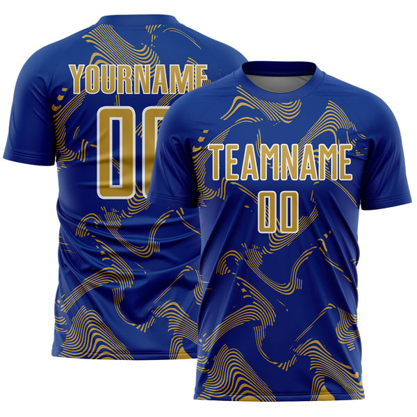 Custom Royal Old Gold-White Curve Lines Sports Sublimation Soccer Uniform Jersey