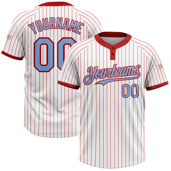 Custom White Red Pinstripe Light Blue Two-Button Unisex Softball Jersey