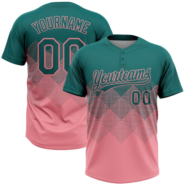 Custom Teal Medium Pink 3D Gradient Square Shape Two-Button Unisex Softball Jersey
