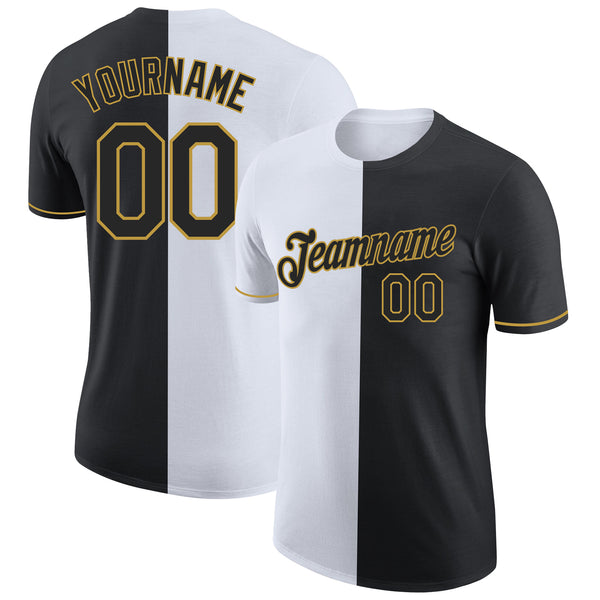 Custom Black White-Old Gold Split Fashion Performance T-Shirt