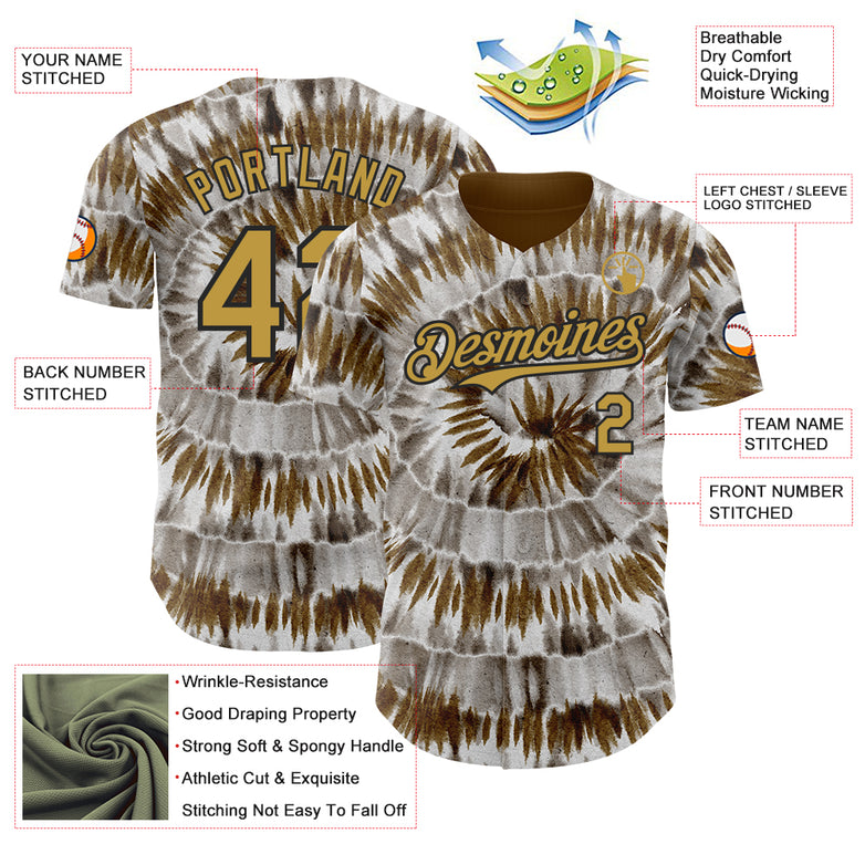 Custom Tie Dye Old Gold-Black Shibori Pattern Authentic Baseball Jersey