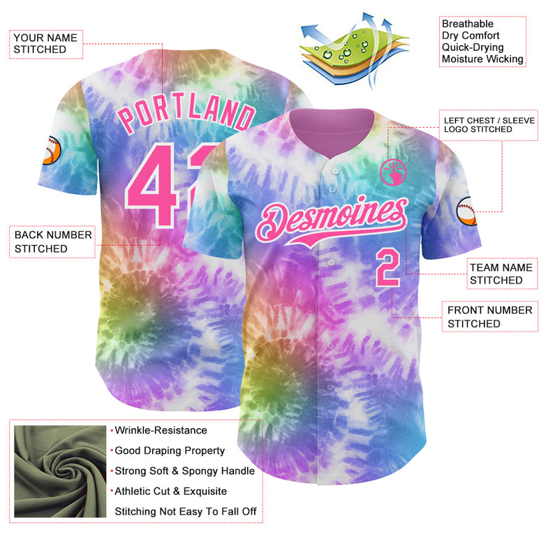 Custom Tie Dye Pink-White Shibori Pattern Authentic Baseball Jersey