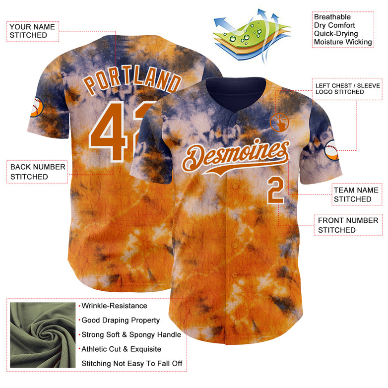 Custom Tie Dye Texas Orange-White Shibori Pattern Authentic Baseball Jersey