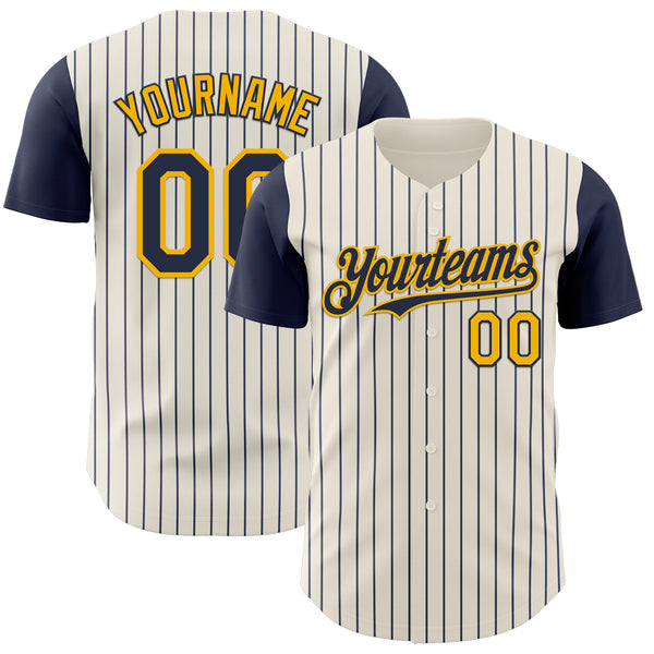 Custom Cream Navy Pinstripe Gold Authentic Two Tone Baseball Jersey
