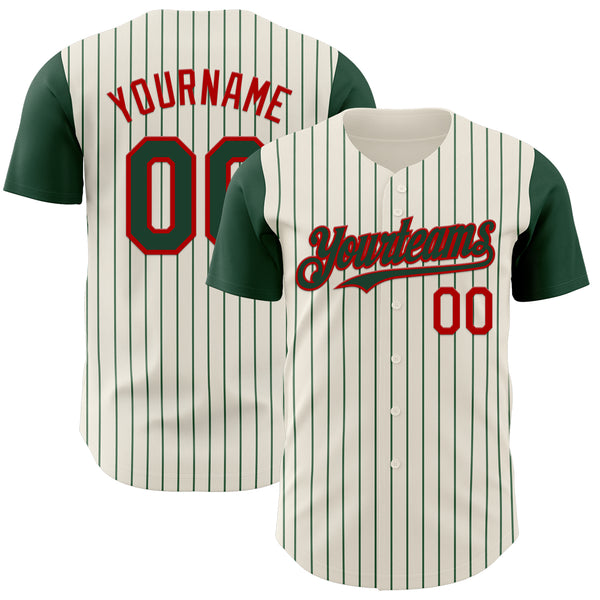 Custom Cream Green Pinstripe Red Authentic Two Tone Baseball Jersey