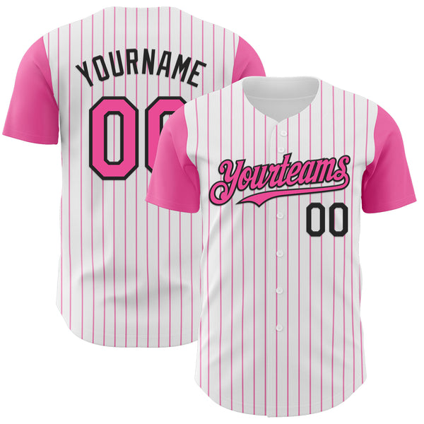Custom White Pink Pinstripe Black Authentic Two Tone Baseball Jersey