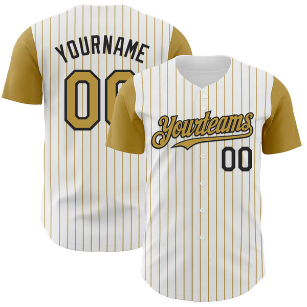 Custom White Old Gold Pinstripe Black Authentic Two Tone Baseball Jersey