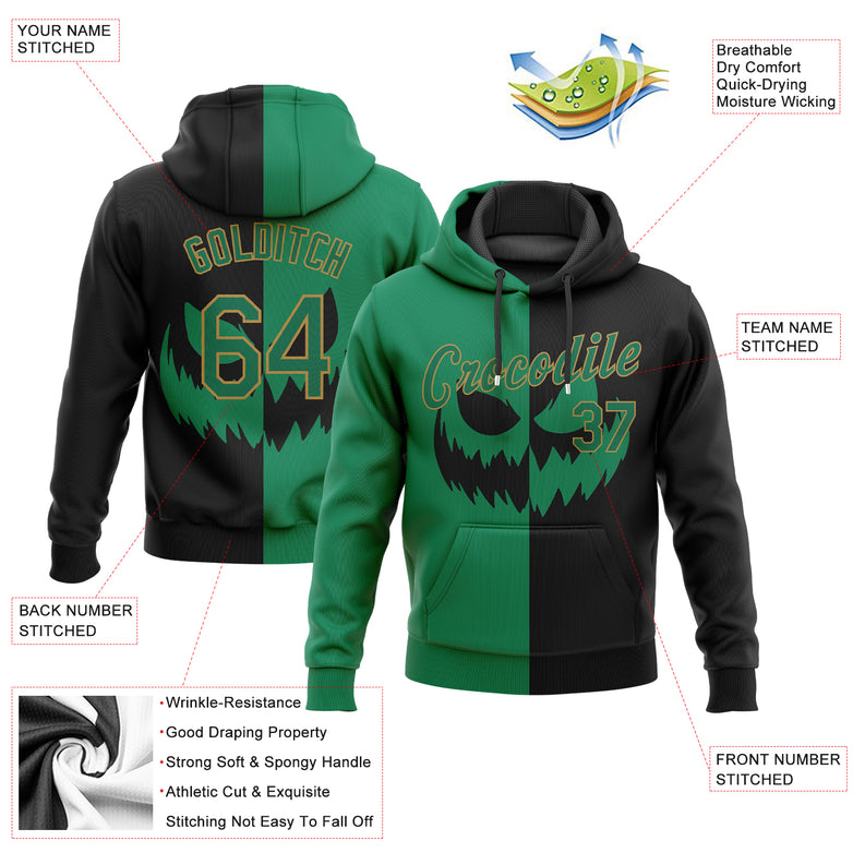 Custom Stitched Black Kelly Green-Old Gold 3D Pattern Scary Faces Of Halloween Pumpkin Sports Pullover Sweatshirt Hoodie
