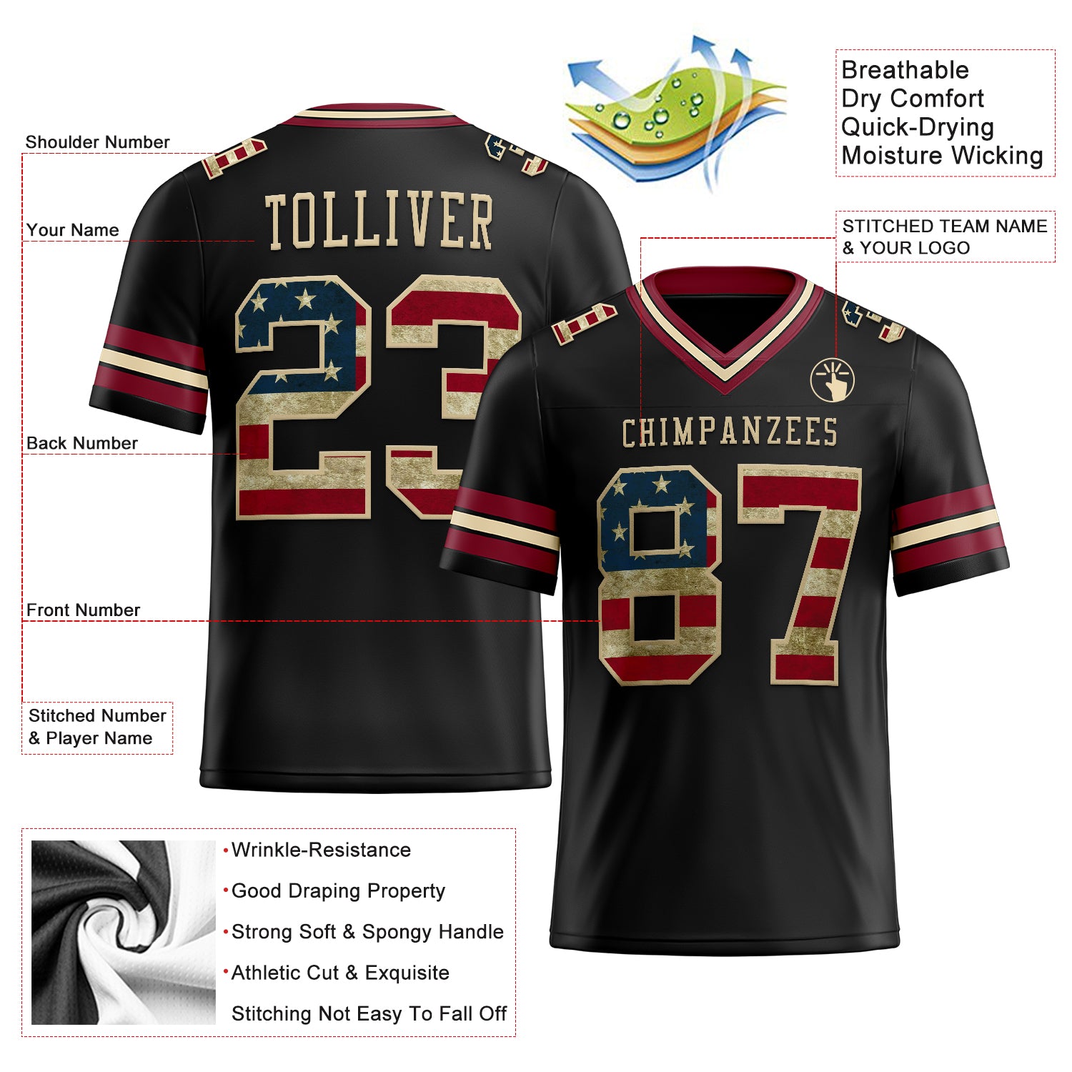 Custom Black Vintage USA Flag Crimson-City Cream Authentic Football Jersey