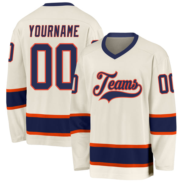 Custom Cream Navy-Orange Hockey Jersey