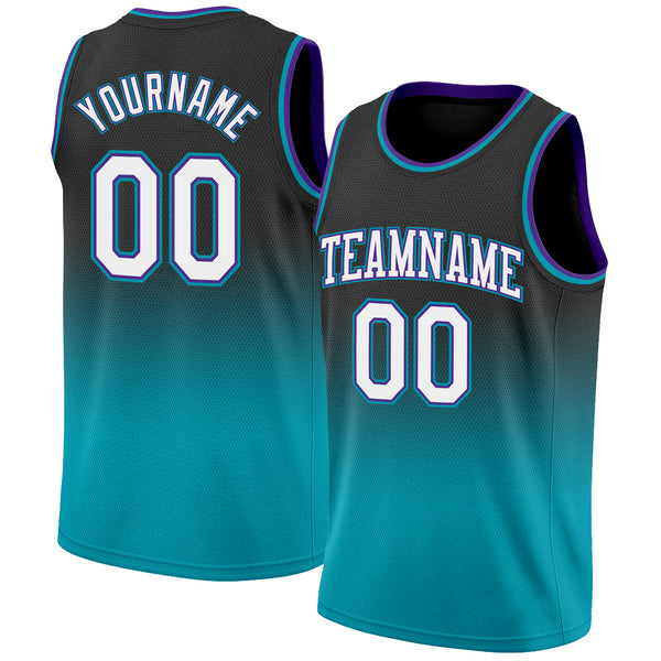 Custom Black White-Teal Authentic Fade Fashion Basketball Jersey