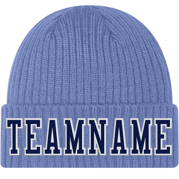 Custom Light Blue Navy-White Stitched Cuffed Knit Hat