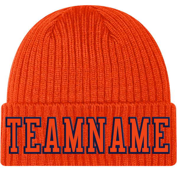 Custom Orange Orange-Navy Stitched Cuffed Knit Hat