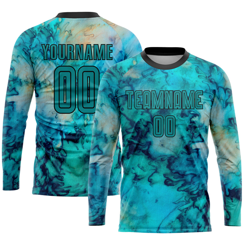 Custom Tie Dye Teal-Black Sublimation Soccer Uniform Jersey