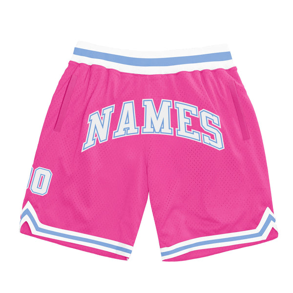 Custom Pink White-Light Blue Authentic Throwback Basketball Shorts