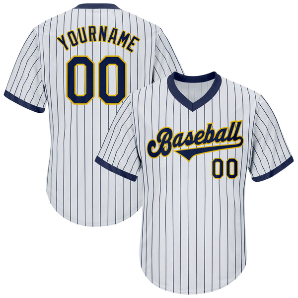 Custom White Navy Pinstripe Navy-Gold Authentic Throwback Rib-Knit Baseball Jersey Shirt